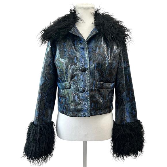 Nasty Gal Jackets & Blazers - Nasty Gal Snake Print Faux Leather Cropped Jacket Size 2 Faux Fur Collar Glam